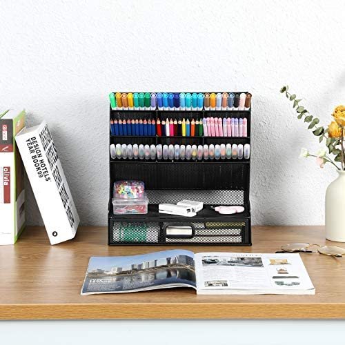Mesh Desk Organizer, Pen Holder Desktop Organizer Storage with Drawer Marker Pencil Storage for Office School Home Art Supplies - Image 5