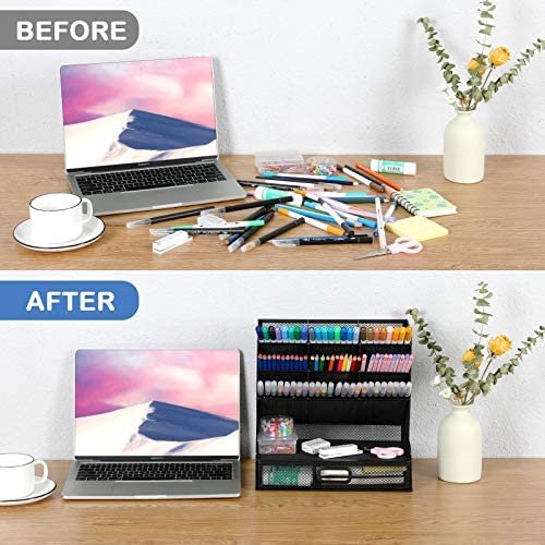 Mesh Desk Organizer, Pen Holder Desktop Organizer Storage with Drawer Marker Pencil Storage for Office School Home Art Supplies - Image 7