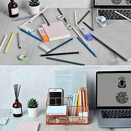 Rose Gold Desk Organizer for Women, AUPSEN Mesh Office Supplies Desk Accessories, Features 5 Compartments + 1 Mini Sliding Drawer - Image 3