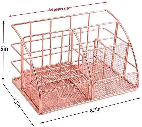 Rose Gold Desk Organizer for Women, AUPSEN Mesh Office Supplies Desk Accessories, Features 5 Compartments + 1 Mini Sliding Drawer - Image 7