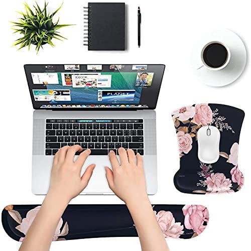 MOSISO Wrist Rest Support for Mouse Pad & Keyboard Set, Peony Ergonomic Mousepad Non-Slip Base Home/Office Pain Relief & Easy Typing Cushion with Neoprene Cloth & Raised Memory Foam, Black - Image 2