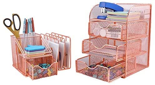 PAG Rose Gold Desk Organizer Pen Holder Office Supplies and Accessories Storage Caddy with Drawers, Set of 2 - Image 3