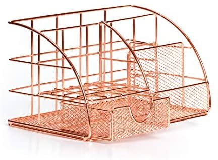 Rose Gold Desk Organizer for Women Cute Home Office Accessories & Supplies Decor, Girly Desktop Stationary Essentials Organization Set, Mesh Caddy Storage 5 Compartments +1 Mini Sliding Drawer - Image 10