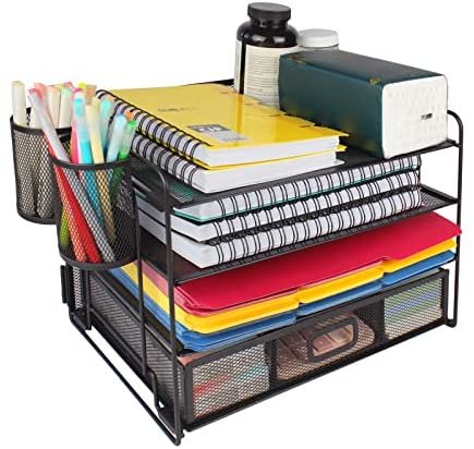 FancoYard Desk Organizers Set, Mesh Office Supplies Paper File Organizer for Desk with Pen Holder, Notebook, Pencil Storage Accessories with 4 Trays + Sliding Drawer, Black - Image 2