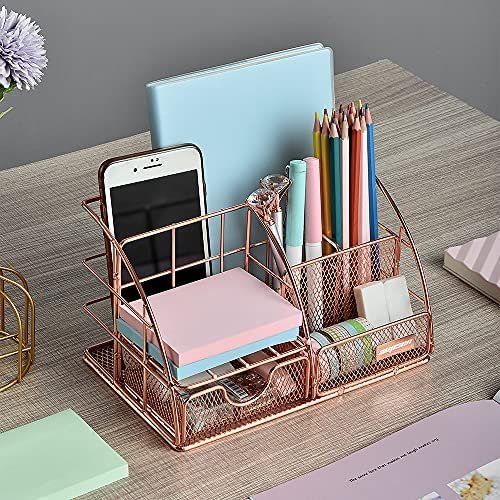 Rose Gold Desk Organizer for Women, AUPSEN Mesh Office Supplies Desk Accessories, Features 5 Compartments + 1 Mini Sliding Drawer - Image 5