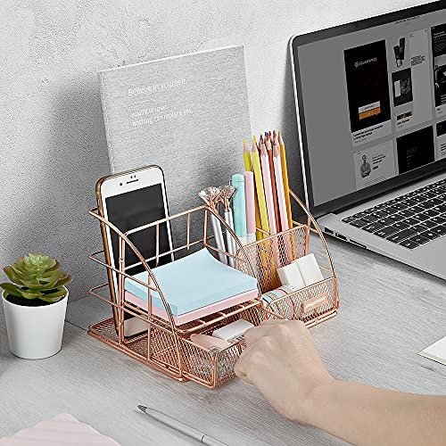 Rose Gold Desk Organizer for Women, AUPSEN Mesh Office Supplies Desk Accessories, Features 5 Compartments + 1 Mini Sliding Drawer - Image 4