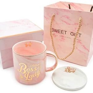 Boss Lady Pink Marble Ceramic Coffee Mug 11.5 Oz with Coasters Boss Lady Mug Birthday Gifts for Women Mom and Girl Female Entrepreneur Business Owner Coffee Mug for Women