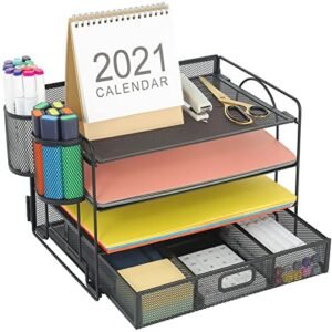 Marbrasse 4-Trays Desktop File Organizer with Pen Holder | Paper Letter Tray with Drawer and 2 Pen Holder | Mesh Office Supplies Desk Organizer for Home Office (Black) Marbrasse 4-Trays Desktop File Organizer with Pen Holder | Paper Letter Tray with Drawer and 2 Pen Holder | Mesh Office Supplies Desk Organizer for Home Office (Black)
