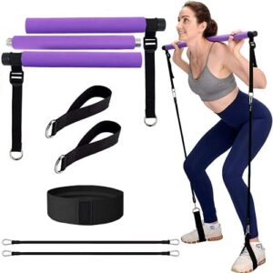 Pilates Bar Kit with 2 Adjustable Resistance Bands(330/220lbs) 3 Section Portable Yoga Exercise Stick Bar, Gym/Outdoor/Home Workout Equipment for Women Men Ads/Butt/Arm/Leg Workouts