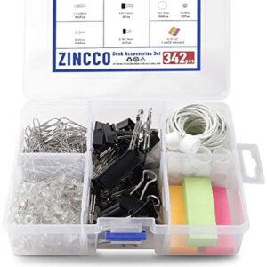 342 Pcs Small Office Supplies Kit with Storage Container, Metal Binder Clips Medium/Small, Paper Clips, Assorted Rubber Bands, Page Markers, Push Pins, for Home, Office, School, etc.