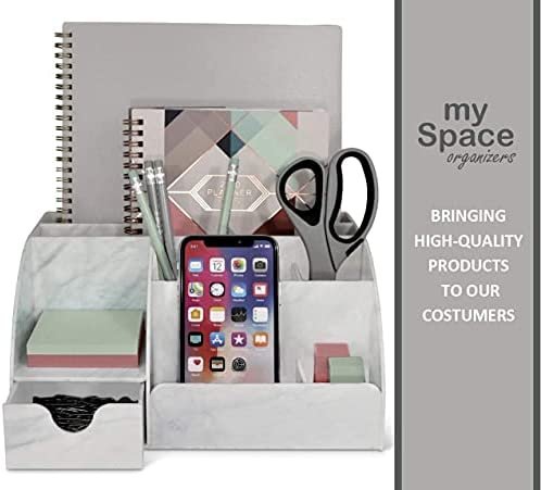 Acrylic Office Desk Organizer with Drawer, Marble 9 Compartments, All in One Office Supplies and Cool Desk Accessories Organizer, Enhance Your Office Decor Desktop Organizer (White Grey Marble) - Image 7