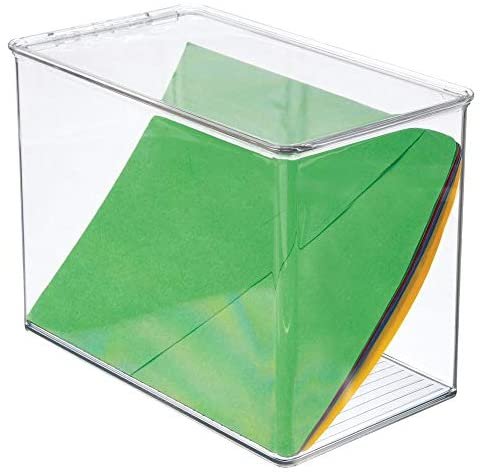 mDesign Tall Plastic Stackable Home, Office Supplies Storage Organizer Bin Box with Attached Lid - Holder Container Bin for Note Pads, Gel Pens, Staples, Dry Erase Markers, Tape - 9" High - Clear - Image 7