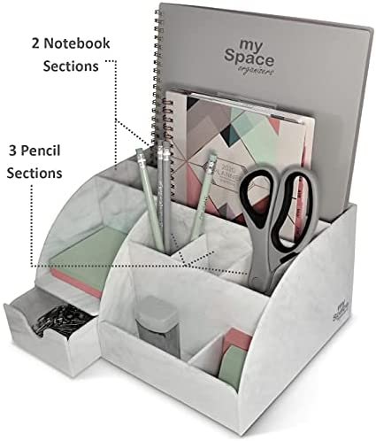 Acrylic Office Desk Organizer with Drawer, Marble 9 Compartments, All in One Office Supplies and Cool Desk Accessories Organizer, Enhance Your Office Decor Desktop Organizer (White Grey Marble) - Image 3