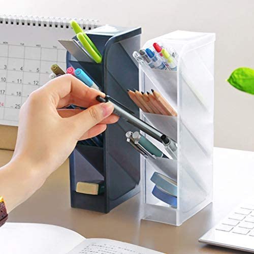 Lekgymr Translucent Black & White Desk Pen Holder Pencil Storage Organizer Rack,Plastic Multi-Functional Desktop Stationary Organizer for School Office Home Dormitory Art Supplies (White01,One Size) - Image 3