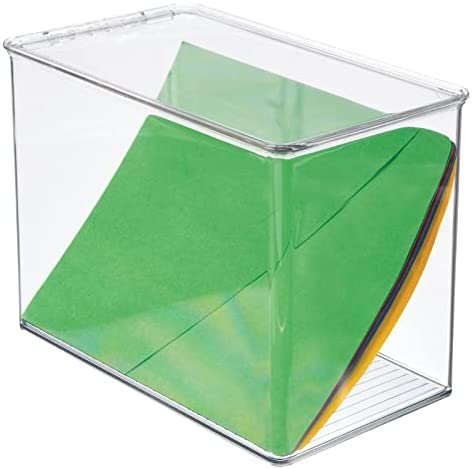 mDesign Tall Plastic Stackable Home, Office Supplies Storage Organizer Bin Box with Attached Lid - Holder Container Bin for Note Pads, Gel Pens, Staples, Dry Erase Markers, Tape - 9" High - Clear - Image 6