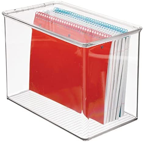 mDesign Tall Plastic Stackable Home, Office Supplies Storage Organizer Bin Box with Attached Lid - Holder Container Bin for Note Pads, Gel Pens, Staples, Dry Erase Markers, Tape - 9" High - Clear - Image 5