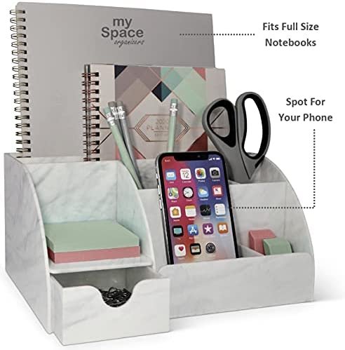 Acrylic Office Desk Organizer with Drawer, Marble 9 Compartments, All in One Office Supplies and Cool Desk Accessories Organizer, Enhance Your Office Decor Desktop Organizer (White Grey Marble) - Image 4