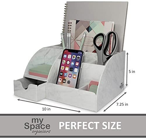 Acrylic Office Desk Organizer with Drawer, Marble 9 Compartments, All in One Office Supplies and Cool Desk Accessories Organizer, Enhance Your Office Decor Desktop Organizer (White Grey Marble) - Image 6