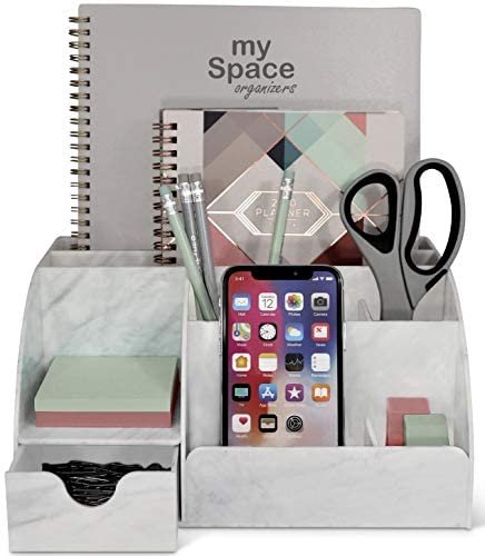Acrylic Office Desk Organizer with Drawer, Marble 9 Compartments, All in One Office Supplies and Cool Desk Accessories Organizer, Enhance Your Office Decor Desktop Organizer (White Grey Marble) - Image 2
