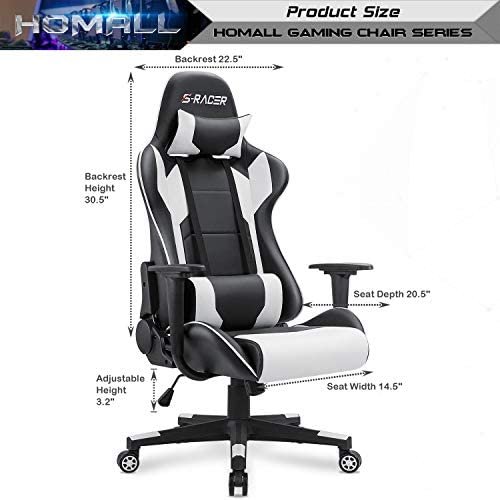 Homall Gaming Chair Office Chair High Back Computer Chair Leather Desk Chair Racing Executive Ergonomic Adjustable Swivel Task Chair with Headrest and Lumbar Support (White) - Image 8