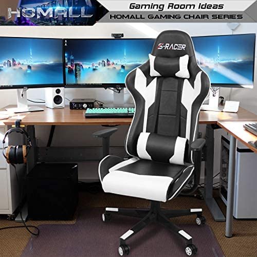 Homall Gaming Chair Office Chair High Back Computer Chair Leather Desk Chair Racing Executive Ergonomic Adjustable Swivel Task Chair with Headrest and Lumbar Support (White) - Image 6