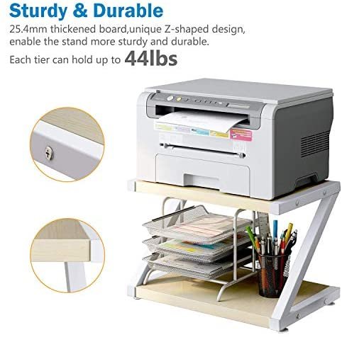 Desktop Stand for Printer - Desktop Shelf with Anti - Skid Pads for Space Organizer as Storage Shelf, Book Shelf, Double Tier Tray with Hardware & Steel by HUANUO (Light Wood) -HNWPS - Image 2