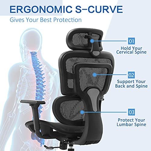 Office Chair, FelixKing Ergonomic Desk Chair with 3D Adjustable Headrest and Armrests Lumbar Support and Silver Wheels Reclining High Back Mesh Computer Chair (Black) - Image 2
