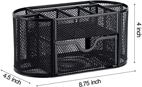 Mesh Desk Organizer, Refand Desktop Office Supplies Multi-Functional Caddy Pen Holder Stationery with 8 Compartments and 1 Drawer for Office, Home, School, Classroom - Image 3