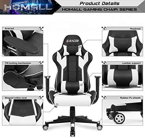 Homall Gaming Chair Office Chair High Back Computer Chair Leather Desk Chair Racing Executive Ergonomic Adjustable Swivel Task Chair with Headrest and Lumbar Support (White) - Image 9