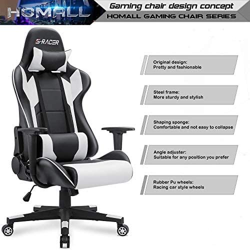 Homall Gaming Chair Office Chair High Back Computer Chair Leather Desk Chair Racing Executive Ergonomic Adjustable Swivel Task Chair with Headrest and Lumbar Support (White) - Image 2