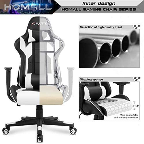 Homall Gaming Chair Office Chair High Back Computer Chair Leather Desk Chair Racing Executive Ergonomic Adjustable Swivel Task Chair with Headrest and Lumbar Support (White) - Image 4