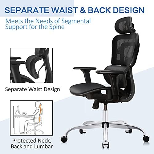 Office Chair, FelixKing Ergonomic Desk Chair with 3D Adjustable Headrest and Armrests Lumbar Support and Silver Wheels Reclining High Back Mesh Computer Chair (Black) - Image 3