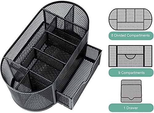 Mesh Desk Organizer, Refand Desktop Office Supplies Multi-Functional Caddy Pen Holder Stationery with 8 Compartments and 1 Drawer for Office, Home, School, Classroom - Image 2
