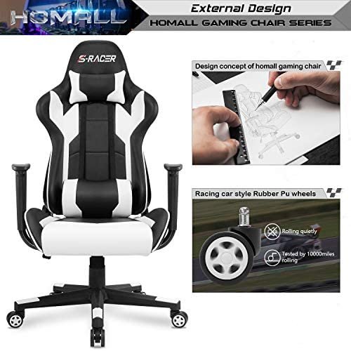 Homall Gaming Chair Office Chair High Back Computer Chair Leather Desk Chair Racing Executive Ergonomic Adjustable Swivel Task Chair with Headrest and Lumbar Support (White) - Image 3