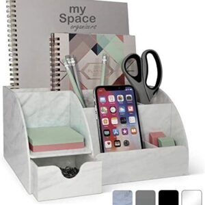 Acrylic Office Desk Organizer with Drawer, Marble 9 Compartments, All in One Office Supplies and Cool Desk Accessories Organizer, Enhance Your Office Decor Desktop Organizer (White Grey Marble)