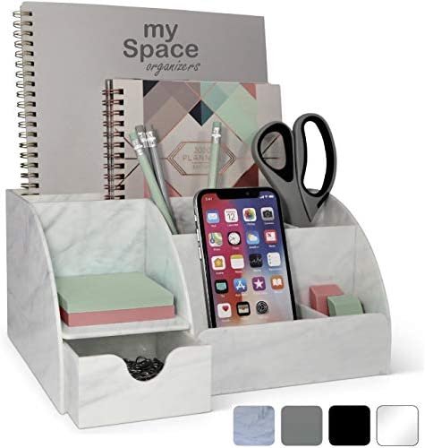 Acrylic Office Desk Organizer with Drawer, Marble 9 Compartments, All in One Office Supplies and Cool Desk Accessories Organizer, Enhance Your Office Decor Desktop Organizer (White Grey Marble)