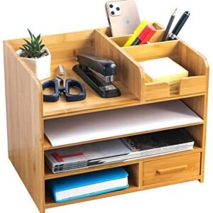 Bamboo Desktop Organizer | Home Office Bamboo Desk Drawer Organizer – 4 Tier Durable Wood Table Top Storage for Pencils, Notepads, Documents & Office Supplies