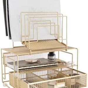 Blu Monaco Workspace Gold Desk Organizer and Accessories Desktop Rack with File sorters and Drawer for Office Supplies, Paper, Device and Folder