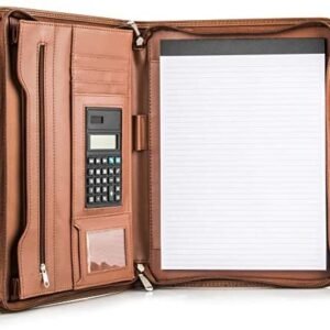 COSSINI Premium Business Portfolio with Zipper – Padfolio – Superior Business Impressions Begin with PU Vegan Leather, 10.1 Inch Tablet Sleeve, Smart Storage, Solar Calculator, Writing Pad – Tan
