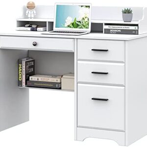 Computer Desk with Drawers and Hutch, Farmhouse Home Office Desk Writing Table Wood Executive Desk Student Desk with File Drawer for Bedroom, Small Space, White