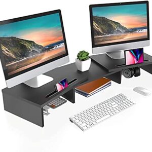 FITUEYES Dual Monitor Stand – 3 Shelf Computer Monitor Riser with Cellphone Holder, Wood Desktop Stand with Adjustable Length and Angle, Desk Accessories, Office Supplies, Large Black,DT111101WB