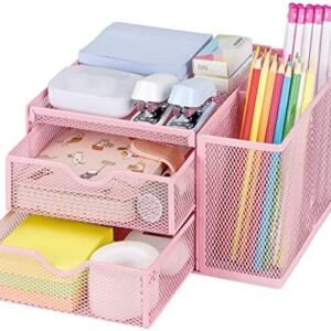 Large Desk Organizer with 2 Pencil Holders and 2 Sliding Drawers, Pink Office Supply Makeup Organizers and Storage, Desktop Organization and Accessories Stationery Desk Caddy for Office Home School, POPRUN