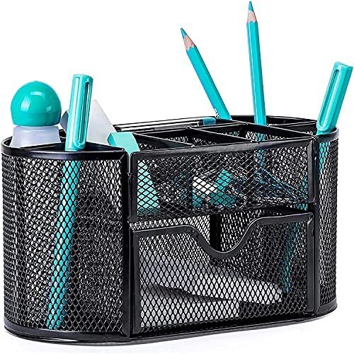 Mesh Desk Organizer, Refand Desktop Office Supplies Multi-Functional Caddy Pen Holder Stationery with 8 Compartments and 1 Drawer for Office, Home, School, Classroom