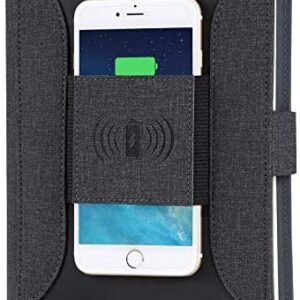 Phone Charging Business Padfolio with Qi Wireless Charger and USB Port, Travel Portfolio Organizer and Power Bank Battery, PU Leather and Lined Notebook Paper (Black)