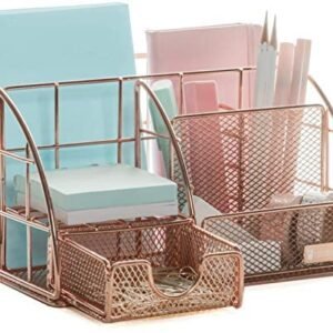 Rose Gold Desk Organizer for Women, ROSEWORK Mesh Office Supplies Desk Accessories, Features 5 Compartments + 1 Mini Sliding Drawer Rose Gold Desk Organizer for Women, ROSEWORK Mesh Office Supplies Desk Accessories, Features 5 Compartments + 1 Mini Sliding Drawer