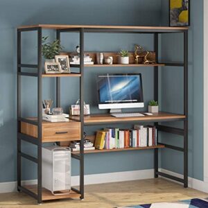 Tribesigns 59 Inches Computer Desk with 5 Storage Shelves and One Drawer, Rustic and Industrial Office Desk Study Table Writing Desk Workstation with Hutch Bookcase for Home Office
