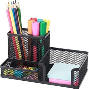 Xinsier Mesh Pen Holder for Desk Pencil Holders Desk Organizer Office Supplies Caddy with Sticky Notes Holder for Office School Home 3 Compartments Black