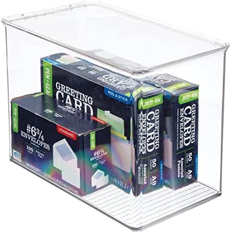 mDesign Tall Plastic Stackable Home, Office Supplies Storage Organizer Bin Box with Attached Lid - Holder Container Bin for Note Pads, Gel Pens, Staples, Dry Erase Markers, Tape - 9" High - Clear