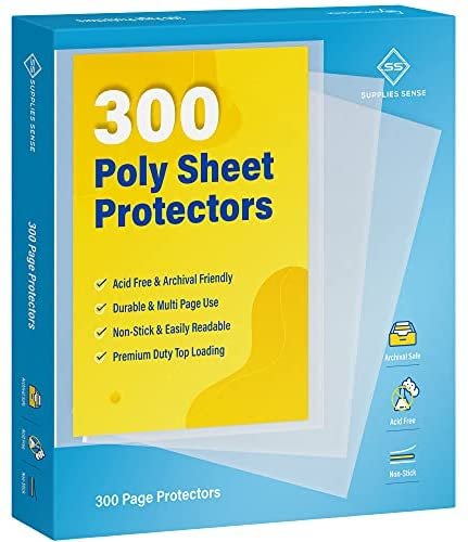 300 Clear Top Loading Page Protectors Fits Copy Paper 8.5 x 11", 11-Hole Fits 3 Ring Binders, Multi Sheet Use: Great for School Supplies, Office Supplies - Supplies Sense Lightweight Sheet Protectors