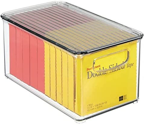 mDesign Plastic Stackable Office Storage Box Container with Handles, Lid for Home Office to Hold Gel Pens, Erasers, Tape, Pens, Pencils, Markers, Notepads, Highlighters - 4 Pack - Clear/Smoke Gray - Image 7